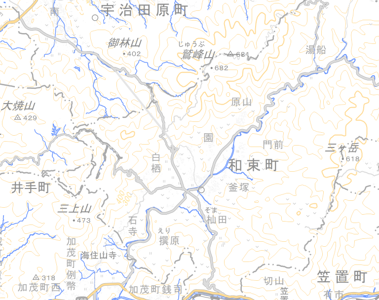 和束町の地図。写真を撮った地区に番号のピンを置いている