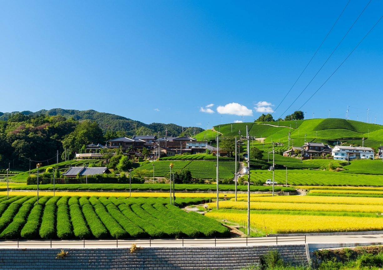 長井から望む茶畑と稲田